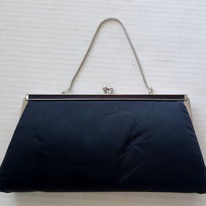 Vintage Ande Black Snap Clutch Handbag Purse Silver Hidden Snake Chain Strap